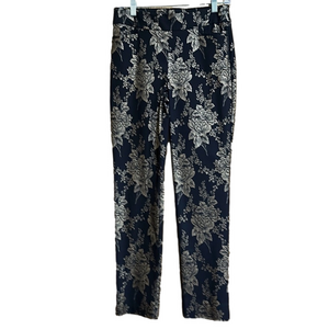 Chico’s Black and Gold Floral Print Pull On Straight Leg Pants Size XS / 2 - EUC